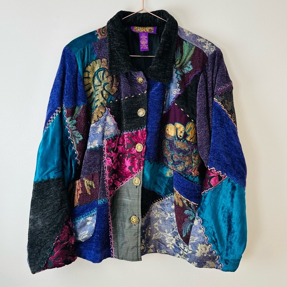 Vintage Tapestry Patch Velour Knit Gold Button Jacket boho quilted - Picture 6 of 10